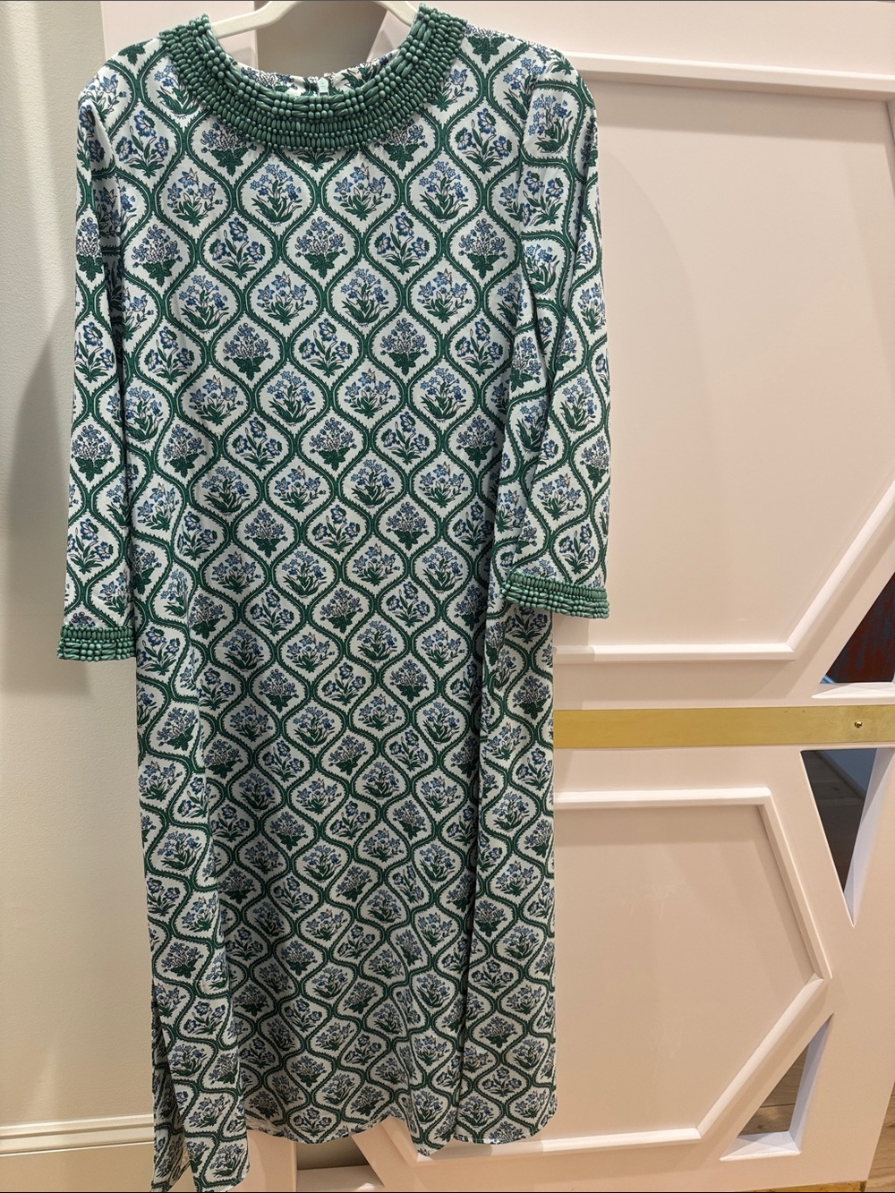 Tuckernuck Green and White Beaded-Neck Midi Dress